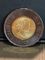Obverse of 2022 black-ring toonie showing Queen Elizabeth II portrait and year