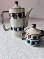 Coffee/tea pot and sugar bowl together showing size and matching pattern