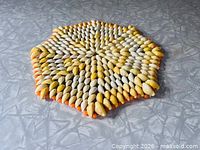Angled view of full hexagonal cowrie shell trivet on surface