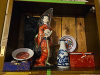 Shelf showing doll, Baoding balls in box, vase, plate, red box