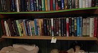 Two shelves filled with assorted hardcover and paperback books