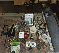 Lot overview showing display stands, hardware, draft guard and décor