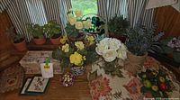 Overall view of artificial plants, placemats, storage box, fruit picks and eggs