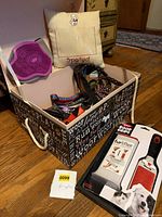 Entire lot showing box, leashes, collars, lick mat, pillow toy, OXO set