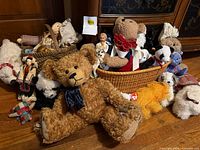 Group shot of all plush toys, dolls and baskets on floor