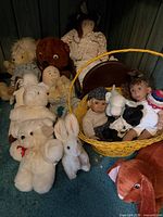 Group shot of entire collection showing variety of plush animals and dolls on floor