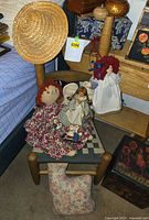Overall lot showing child chair, rag dolls, hat, pillow