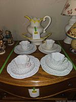 Front view of all tea trios and wash basin with pitcher