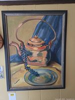 Full view of framed oil painting showing subject matter and frame