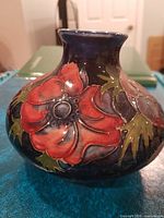 Front view showing raised red poppy motif on cobalt background