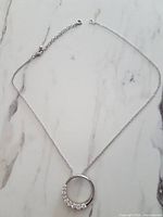 Full view of necklace laid flat showing chain, clasp, extender and pendant