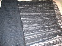 Rolled bolt end and spread section of black lace fabric showing overall pattern and color