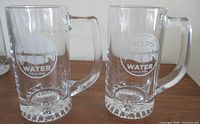 Front view of two identical clear glass beer mugs showing logos and bases