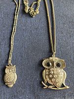Two silver-tone owl pendant necklaces displayed on fabric background