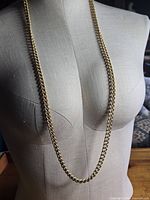 Full view of long gold-tone chain on bust form