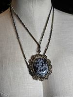 Full view of pendant necklace on mannequin, showing scale and chain length