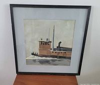 Framed square oil painting of tugboat