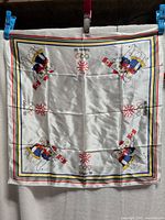 Full view of scarf hung flat showing graphics and border