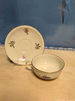 Cup and saucer front view showing floral design