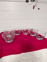 Six glass fruit cups on cloth showing overall set