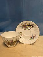 Teacup and saucer front view showing pattern and gold trim