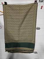 Full view of green and gold patterned pashmina shawl hanging, fringe visible