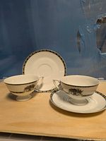 Overall view showing two cups and two saucers with matching pattern