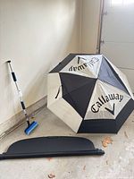 Umbrella, brush and cover grouped in garage