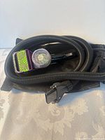 Hose coiled with purple/green turbine pet tool and hose connector visible