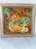 Glazed ceramic tile landscape artwork in frame