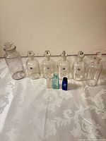 Group shot showing all ten bottles including seven clear apothecary bottles and three small colored medicine bottles