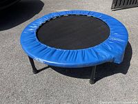 Overall view of trampoline showing blue edge, black mat, three legs visible