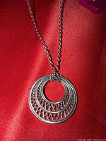 Full view of necklace displayed on red fabric showing chain and pendant detail