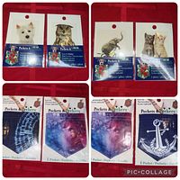 Collage of seven packaged iron-on patches showing pocket and peeker designs