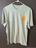 Front view of light green Nike Records T-shirt on hanger