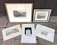 Group shot: two framed prints and three loose etchings arranged on floor