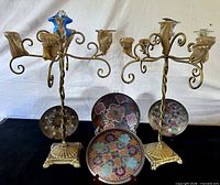 Overview showing both candelabras and all five Meenakari dishes