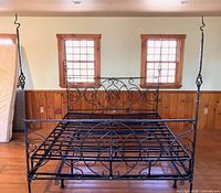 Whole king bed frame front and side view with slat support and double frame beneath