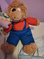 Front view of plush bear wearing red shirt and blue overalls