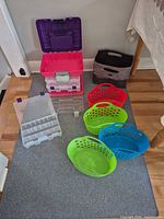 Full lot showing organizer, four baskets, fabric bin