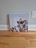 front view of square canvas showing bulldog with musical instrument pop art design