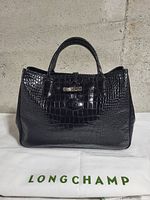 Front view of handbag showing crocodile pattern and toggle clasp