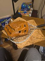 Glove resting on landing net showing both items together