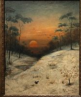 Front view of signed winter sunset oil painting