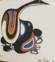 Close-up of the artwork showing stylized bird and signature