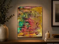 Painting displayed on wall with decor for scale