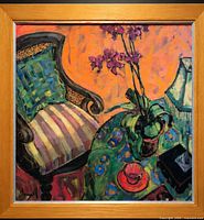 Framed painting close view showing subject and artist signature