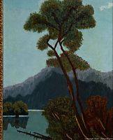 Close view of tree, lake and mountain details within the painting