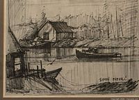 Close-up of sketch showing cottages, boats and signature