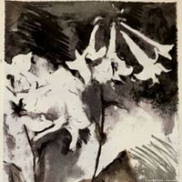 Close view of floral artwork details in monochrome tones